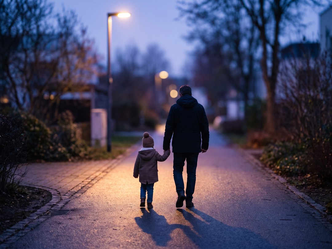 Elternteil und Kind im warmen Laternenlicht am Abend