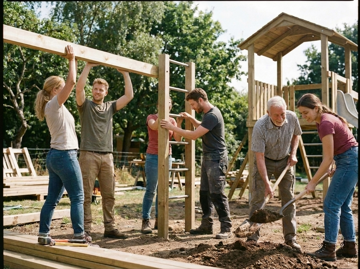 Ehrenamtliche bauen gemeinsam einen Spielplatz